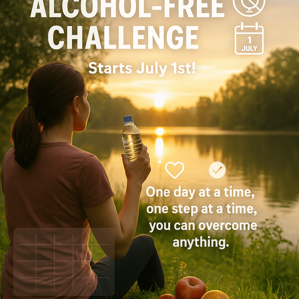 A-realistic-photo-style-image-for-a-100-Day-Alcohol-Free-Challenge-starting-July-1 - Woman holding a water bottle by a lake