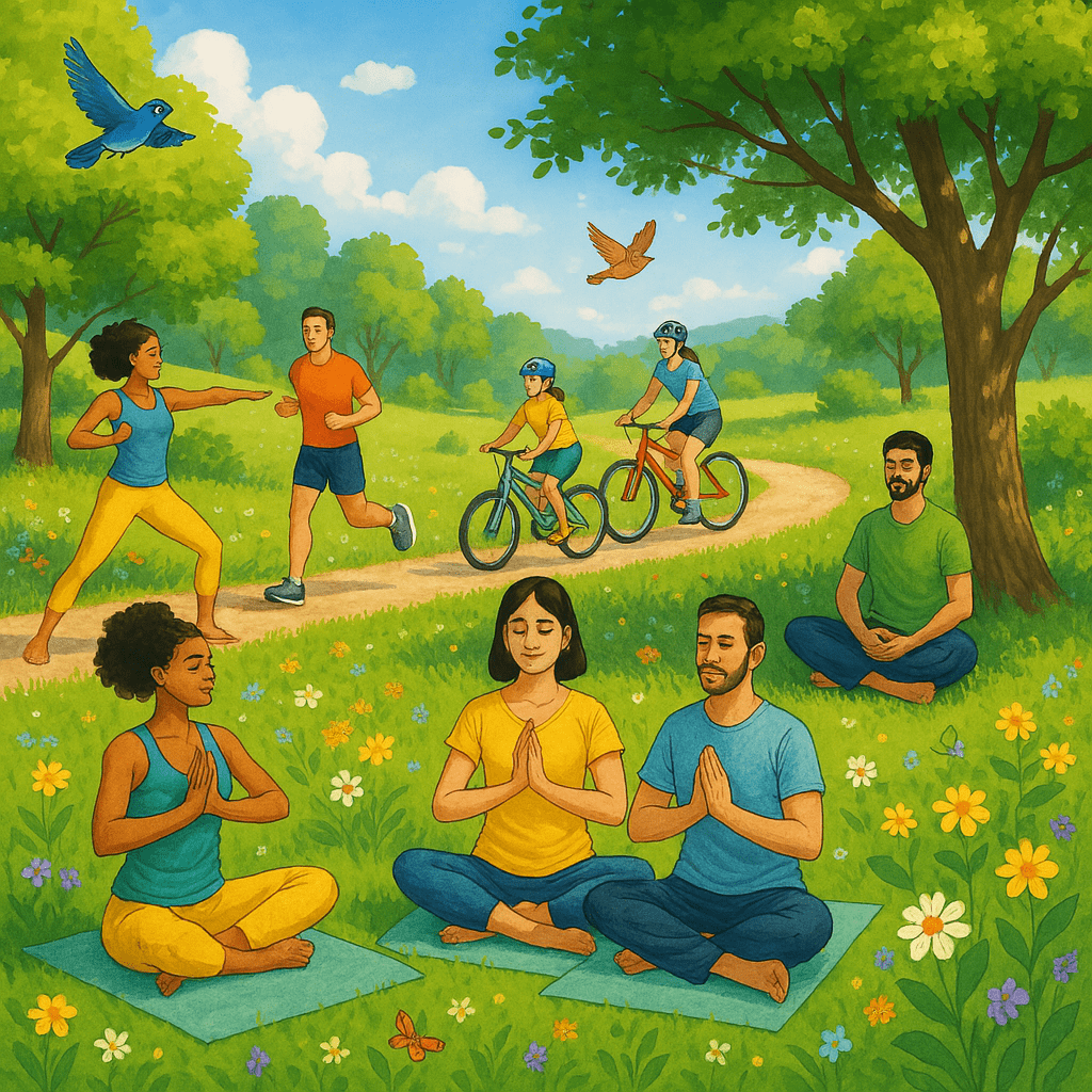 A vibrant summer scene showing people engaging in healthy outdoor activities a group doing yoga in